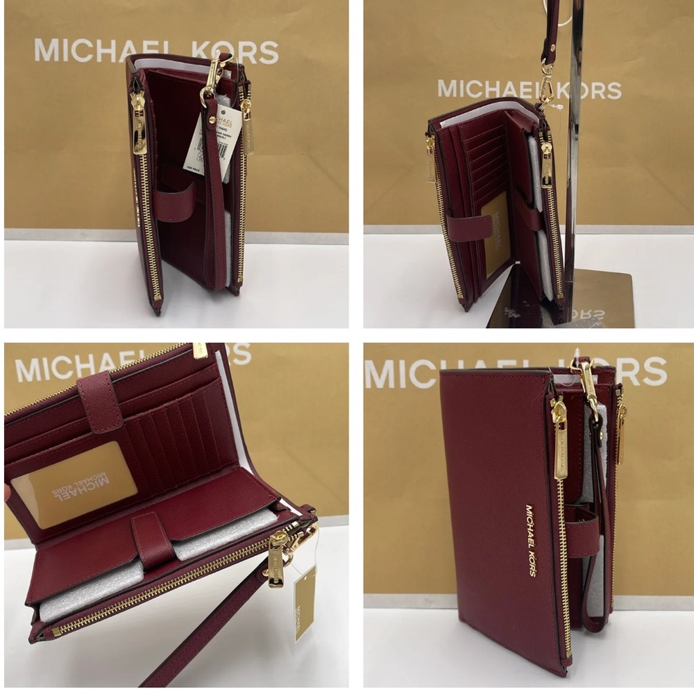 Michael Kors Jet Set Travel LG Double Zip Wristlet Wallet Leather Dark Cherry - Picture 10 of 13